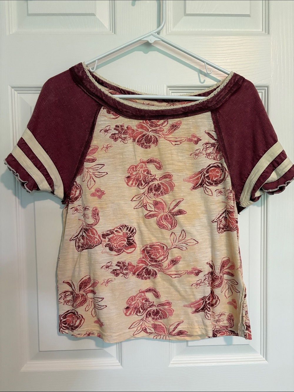 We The Free Burgundy and Cream Floral Raglan Tee